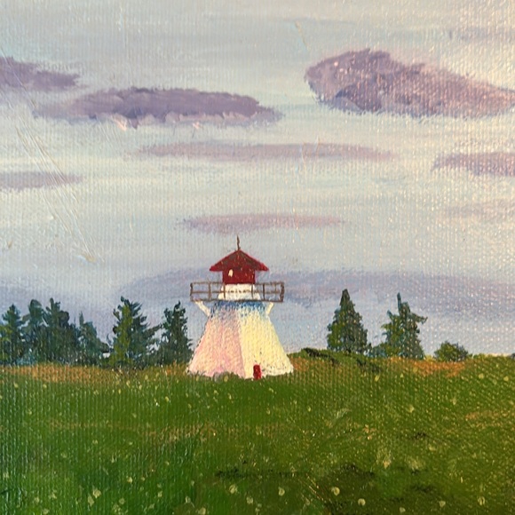 16 x 12 Original Lighthouse island PEI acrylic on canvas painting field sky bird - Picture 6 of 7
